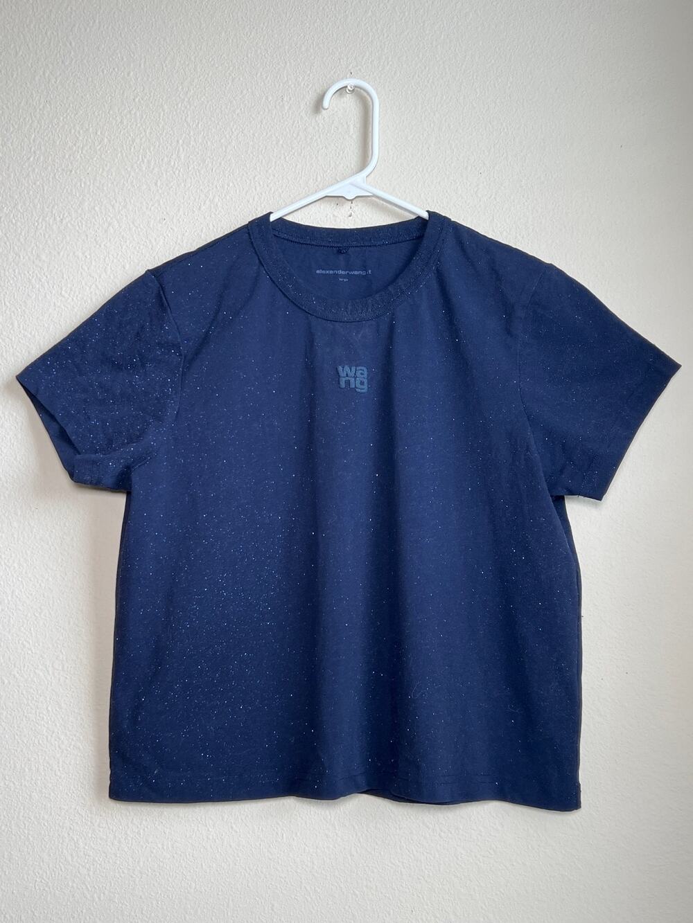 Alexander Wang Navy Blue Glitter Logo Boxy Crop Short Sleeve Tee Shirt Large